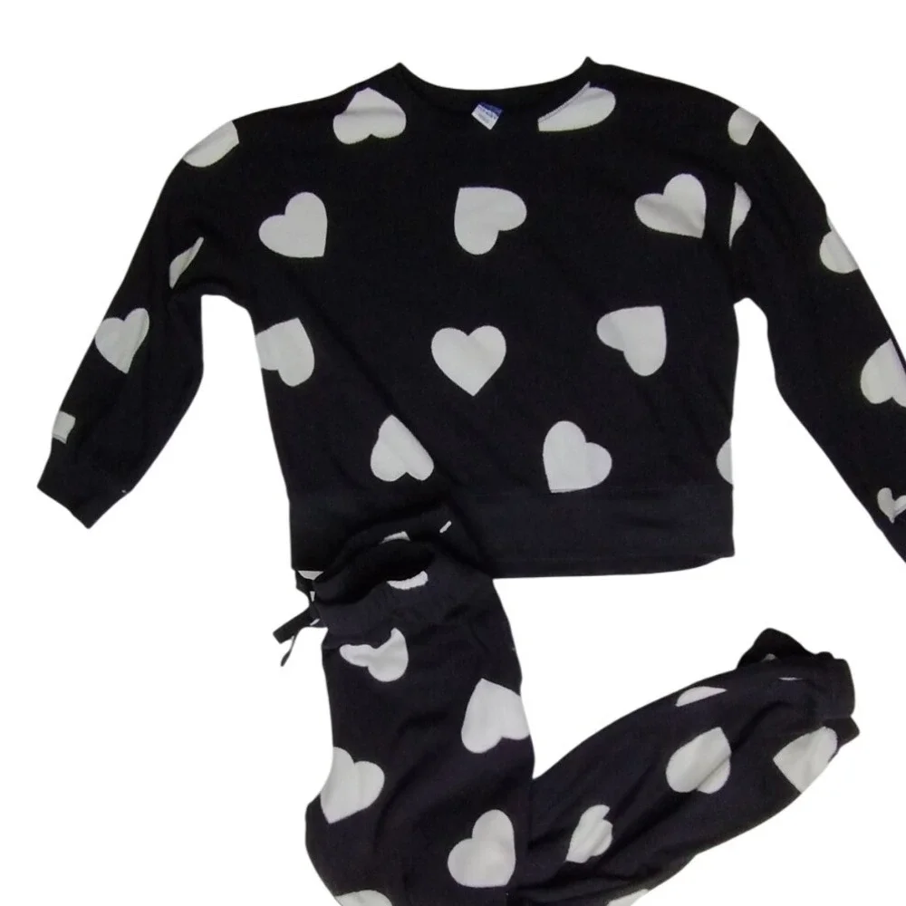 Old Navy Girls M Hearts Black Pajama‎ Set Matching Top & Bottoms Kid's Medium